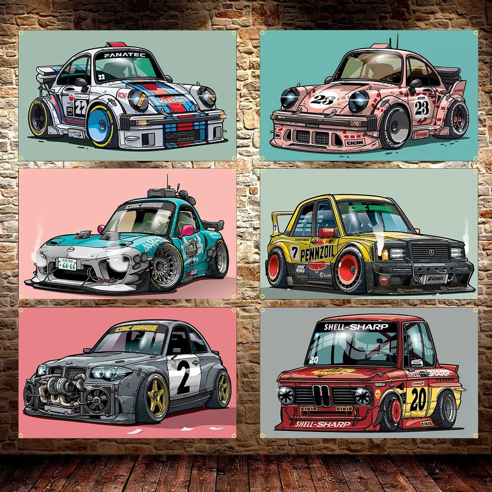 Cool Cartoon Car Flag Banner Polyester Printed